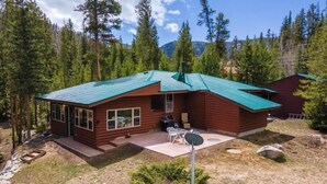 Una cabaña con techo verde, un patio con mobiliario exterior y vistas a una cadena montañosa boscosa.
