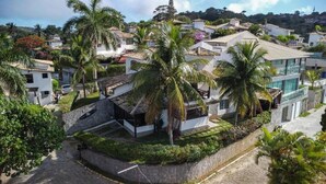 A residential area with modern houses, palm trees, and a stone wall. - Casas Belos Ares (Buzios)