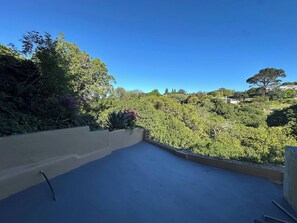 A rooftop terrace with a view of dense greenery and a clear blue sky. - Serene 2-bedroom Apartment in Gqeberha With River Views (Gqeberha)