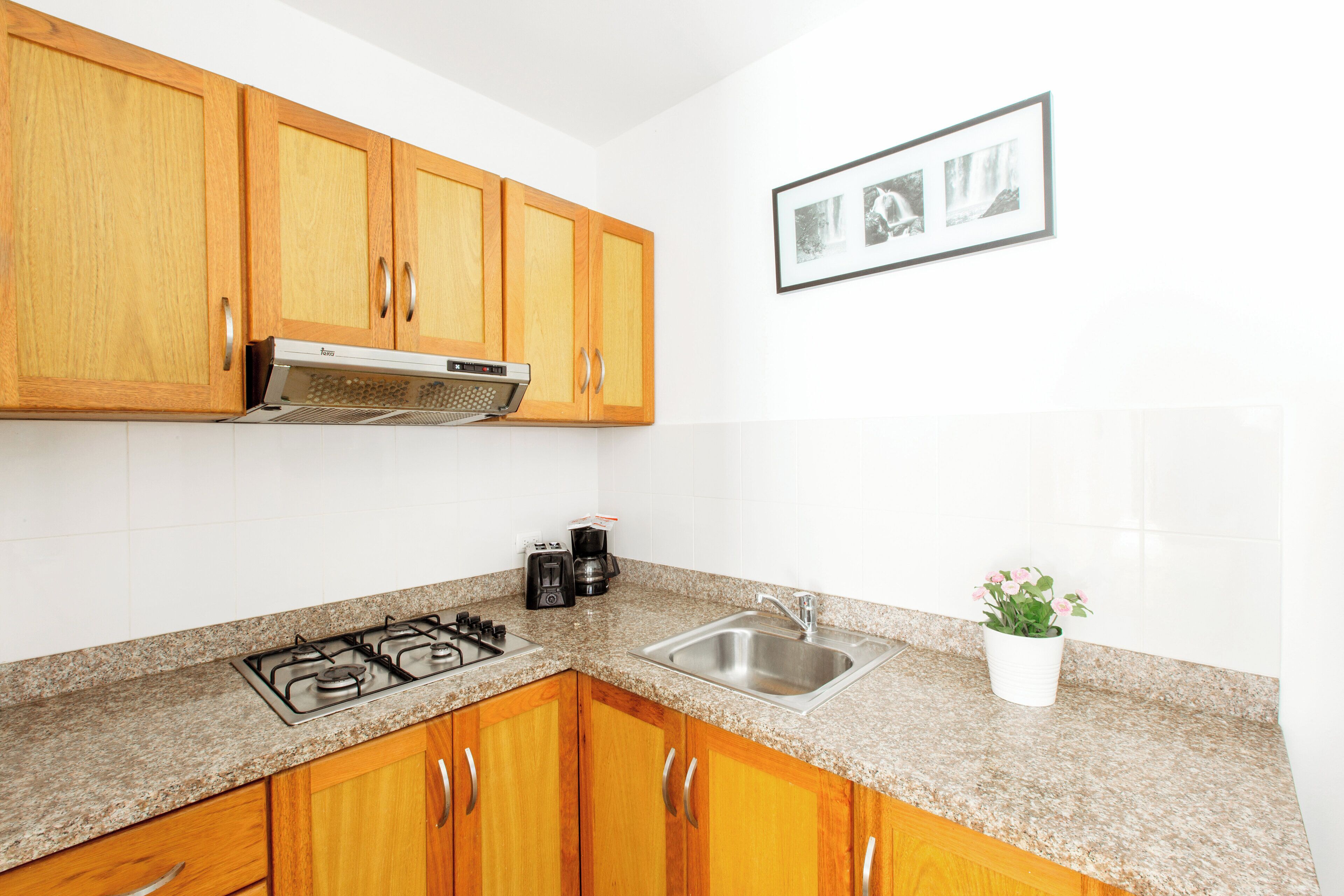 A kitchen with wooden cabinets, a gas stove, a sink, a coffee maker, and a framed photo on the wall.