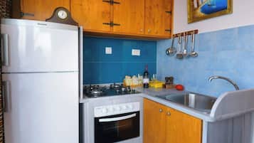 A compact kitchen with a refrigerator, stove, oven, and sink.