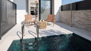 Ein Pool mit zwei Korbstühlen und einem kleinen runden Tisch, ein modernes Gebäude mit Glastür sowie eine Steinmauer.