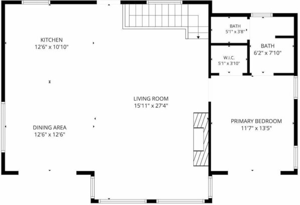 A floor plan with a kitchen measuring 12'6' x 10'10', a dining area of 12'6' x 12'6', a living room of 15'11' x 27'4', a primary bedroom of 11'7' x 13'5', and two bathrooms, one 5'1' x 3'10' and another 6'2' x 7'10'. - 3-Bedroom Gatlinburg Cabin with Indoor Pool & Private Pickleball Court (Gatlinburg)