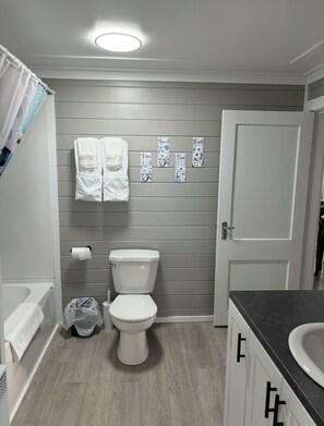 Un bany amb vàter, un lavabo i una zona de dutxa. Hi ha tovalloles penjades a la paret i un cistellera a terra.