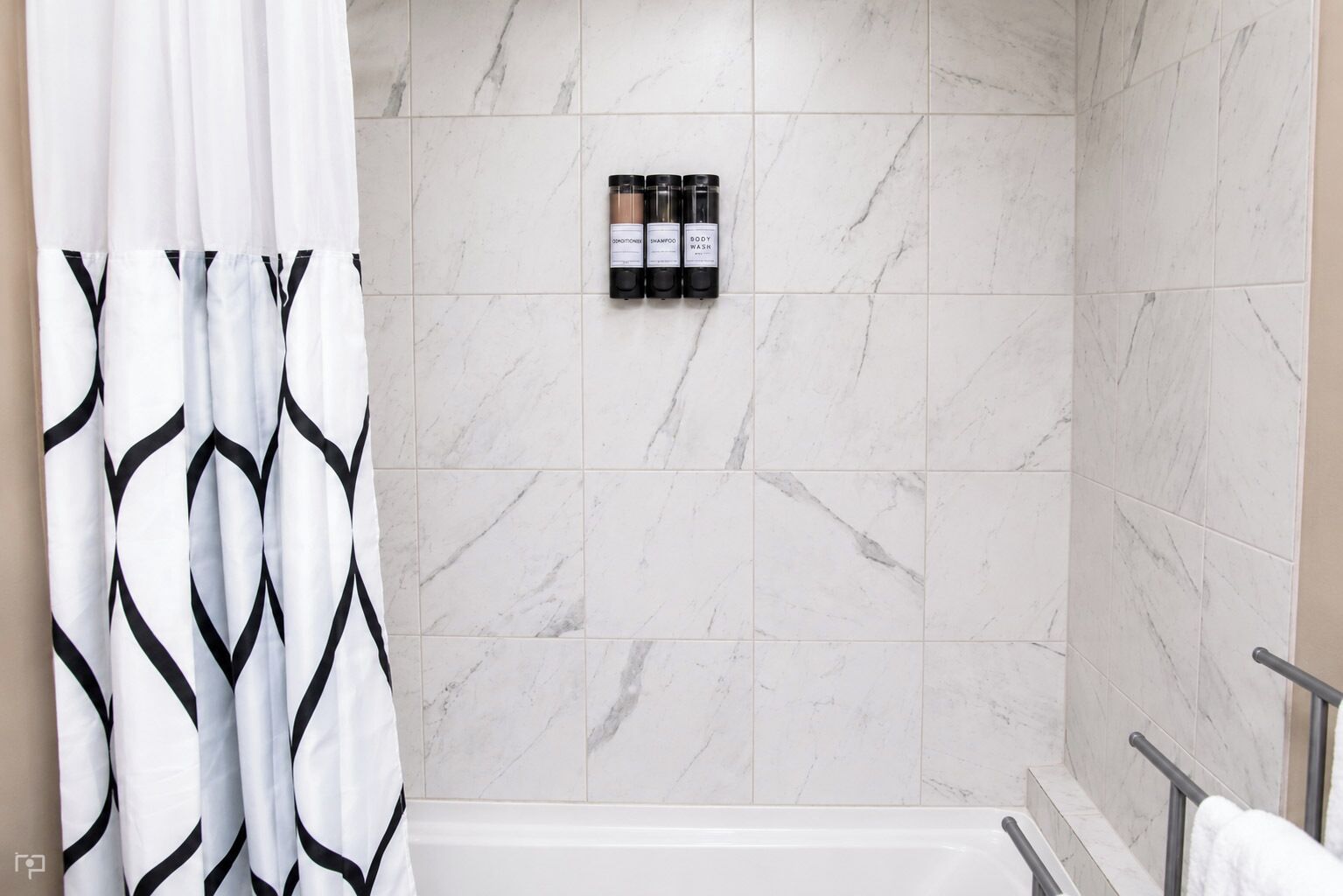 Hair dryer, towels, soap, shampoo