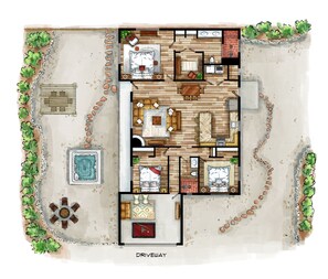 A floor plan of a house with a kitchen, dining area, living room, two bedrooms, a bathroom, and a pool. - 3-bedroom house in El Prado, includes 2 bedroom casita on property. (El Prado)