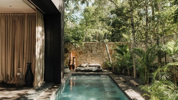 Piscina con parete in pietra e vegetazione, un divano e due vasi.