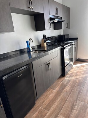 A modern kitchen with a dishwasher, stove, microwave, and a knife block on the counter. - The Desert Light Casita (El Paso)