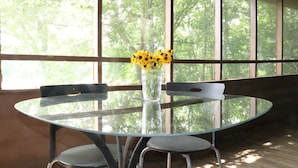 Una mesa redonda de vidrio con dos sillas, un florero con flores amarillas y vistas a árboles a través de amplias ventanas.
