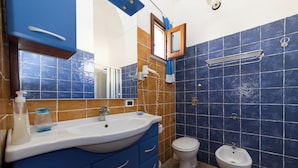 Ein Badezimmer mit Waschbecken, Spiegel, blauen und braunen Fliesen, Toilette und Bidet.