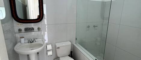 A bathroom with a sink, toilet, and glass-enclosed shower.