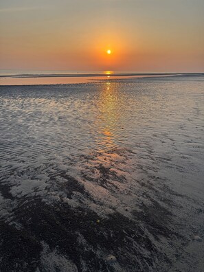 A beach with a sunset, calm water, and a distant horizon.
