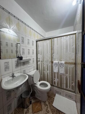 A bathroom with a toilet, sink, and shower enclosure.