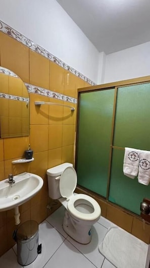 A bathroom with a sink, toilet, and green shower door.