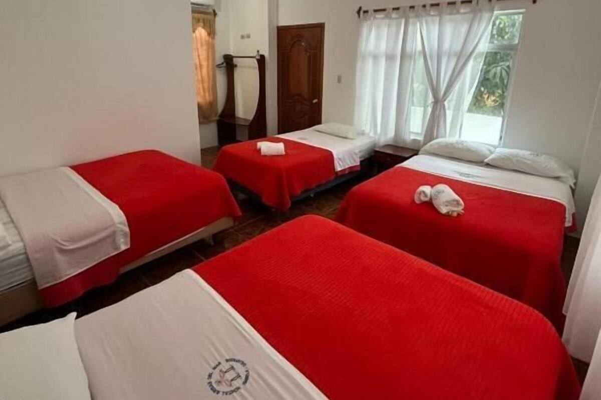 Habitación de hotel con tres camas, una puerta de madera, una ventana con cortinas y una lámpara en el techo.