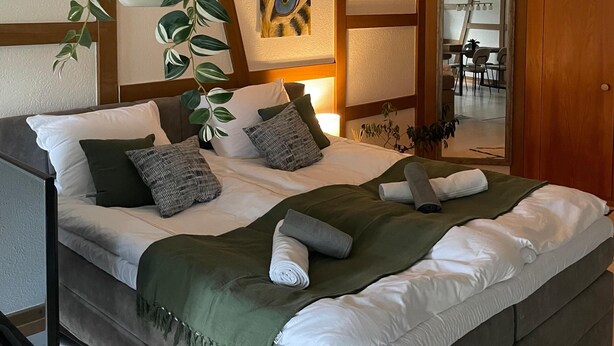 A bedroom with a bed, pillows, a hanging plant, a painting, and a wooden ceiling.