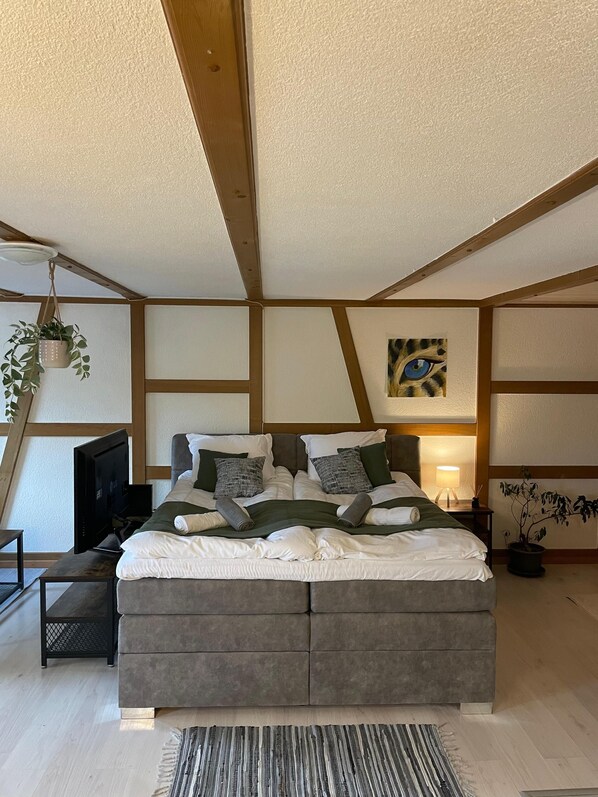 Une chambre moderne avec un grand lit, une télévision, un bureau et une plante suspendue.