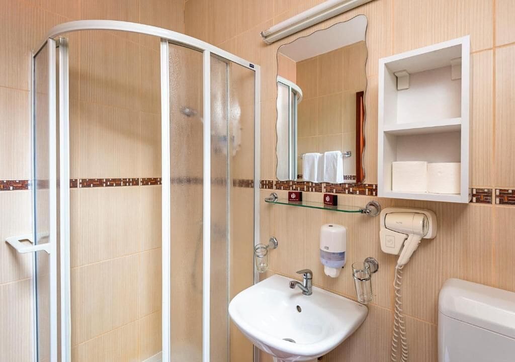 A bathroom with a glass shower enclosure, a sink, a toilet, a mirror, and a shelf with toiletries.