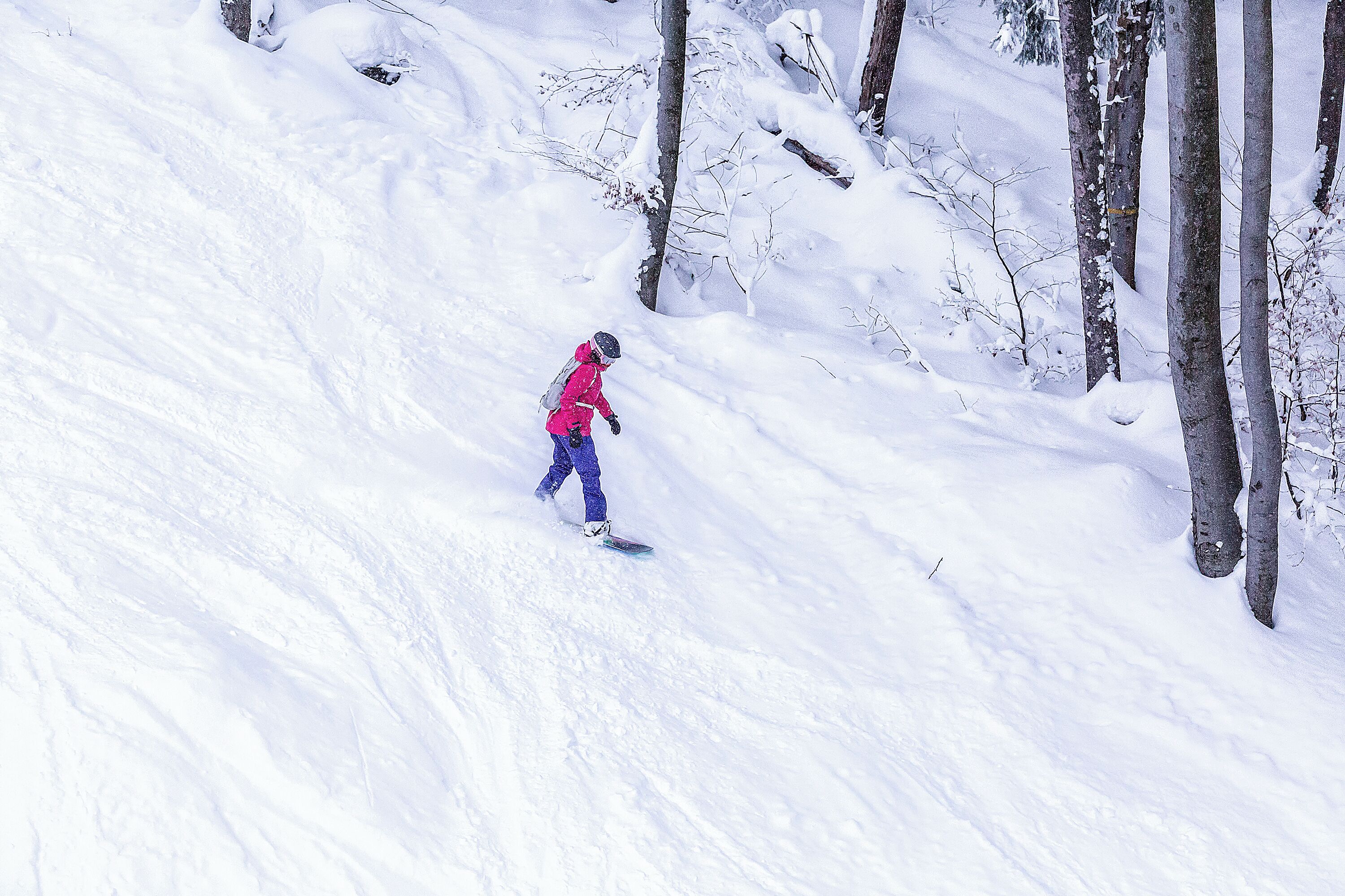 A person snowboarding down a snowy slope with trees on the side.