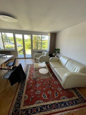 Un salon avec un canapé, une table basse en verre, un tapis à motifs et une vue dégagée grâce à de grandes fenêtres.