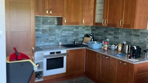 Una cocina compacta con armarios de madera, una estufa a gas, un lavamanos y una encimera con diversos electrodomésticos.