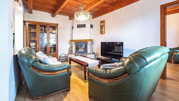 A living room with leather sofas, a wooden ceiling, a fireplace, and a television. - Pet-Friendly Family House with Garden near Piešťany Spa Town (Brunovce)
