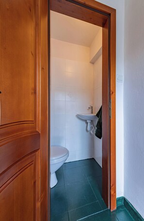 Een douche, een haardroger, handdoeken, toiletpapier