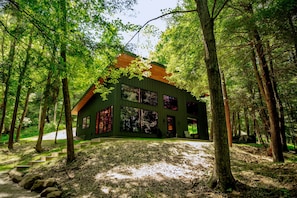 A cabin in a forest with a wooden roof, large windows, and a stone pathway leading to it.
