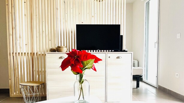 A modern living room with a TV on a wooden cabinet, a white table with a vase of red flowers, and a wooden floor. - T1 bis - Quiet in La Rochelle (La Rochelle)