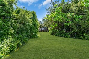 Ein gepflegter Garten mit einem deutlichen Weg zu einem Gebäude.