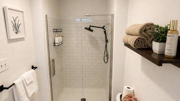 Hair dryer, towels, soap, toilet paper