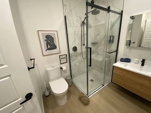 A modern bathroom with a glass shower enclosure, a toilet, a sink, and a vanity. - Le Relais Austin 1 — Spa, Nature & Adventure (Austin)