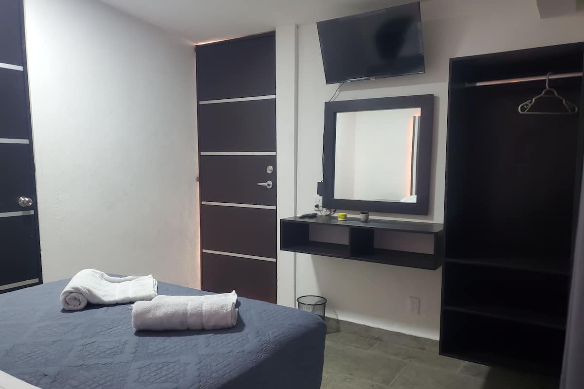 A bedroom with a bed, a TV, a wardrobe, and a mirror.
