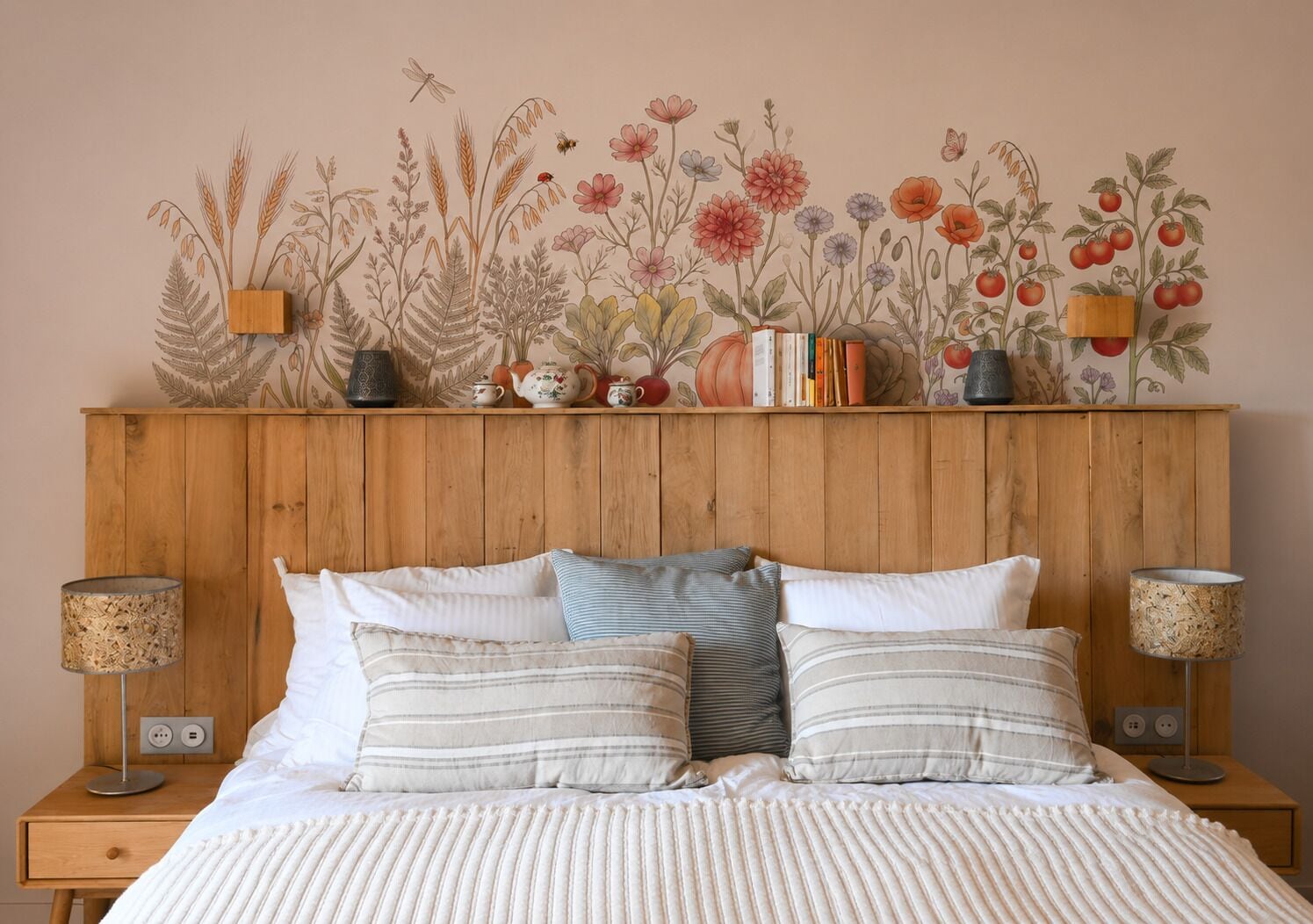A bedroom with a wooden headboard, a bed with striped bedding, two bedside lamps, and a floral wall mural.