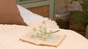 Interior de uma tenda com uma cama, uma mesa de cabeceira verde com um candeeiro e uma planta.