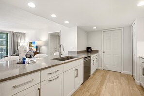 Coffee/tea maker, fridge, microwave, oven - Beachfront Bliss, Cozy Condo with Patio, Pool & Stunning Views! (Fort Myers Beach)
