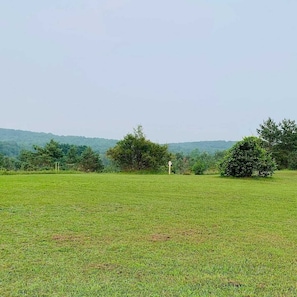 Un campo cubierto de césped con árboles y una se ñal.