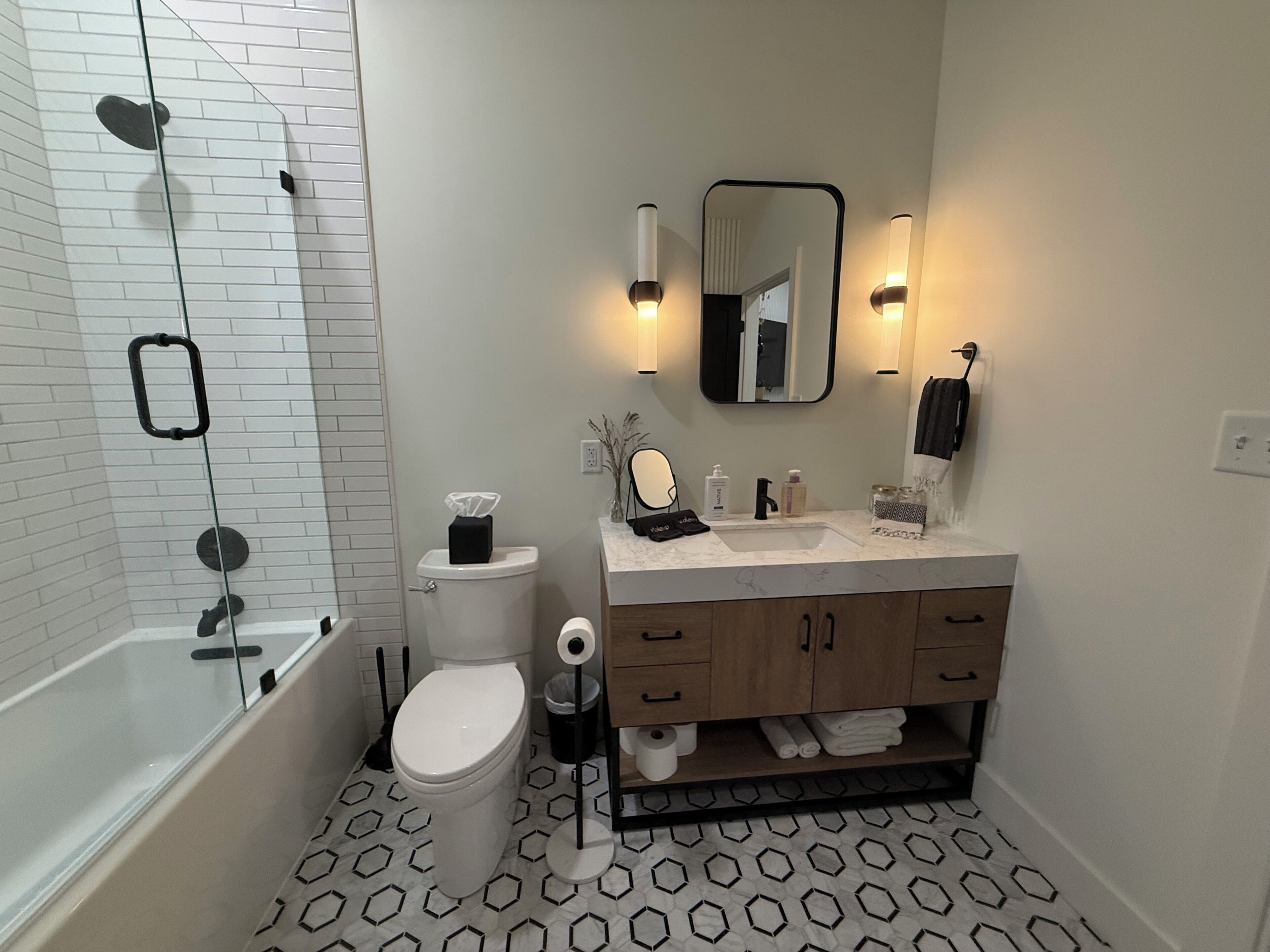 Hair dryer, towels, soap, shampoo