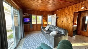 A wooden interior with a leather sofa, a television, and a patterned rug. - 9 cottages on the beach of Lake Huron! (Oscoda)