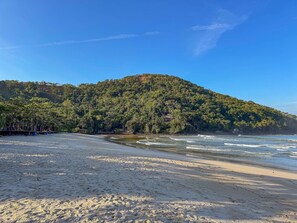 Ein Strand mit einem bewaldeten Hügel im Hintergrund.
