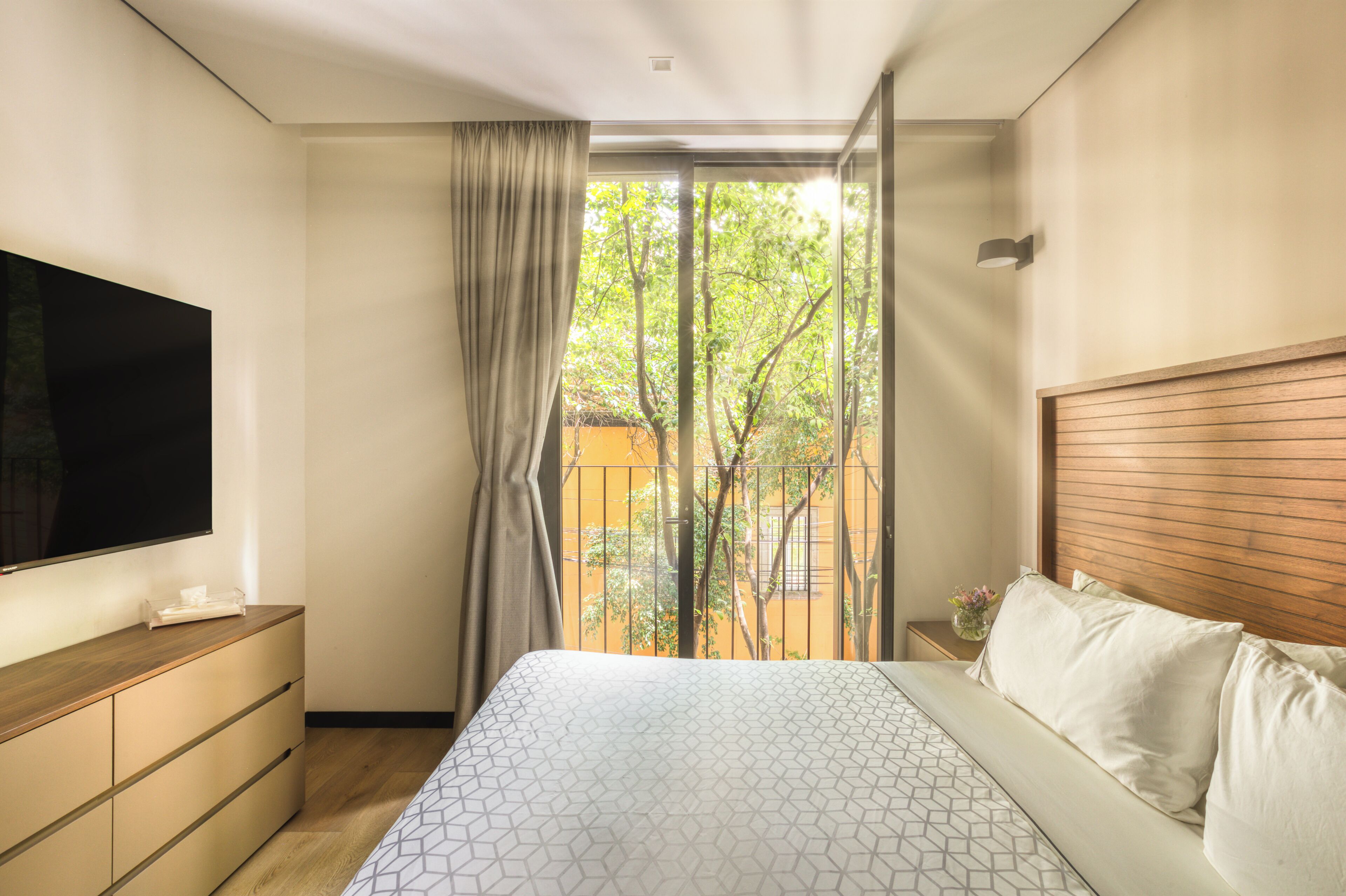 A modern bedroom with a large bed, a TV, and a view of a tree through a window.
