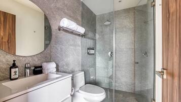 Shower, hair dryer, towels, soap