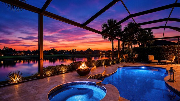 A swimming pool with a fire feature and a view of a body of water at dusk.