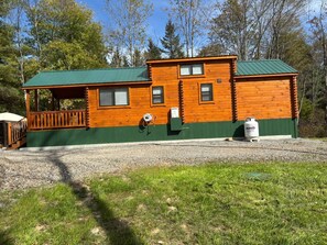 Eine Blockhütte mit Veranda, einem grünen Dach und einem kleinen Anbau.