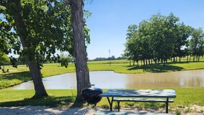 A picnic table and grill in a park with a lake and trees. - BEAUTIFUL LAKE SHELBYVILLE CAMPING SITE ALONG SIDE STOCKED FISHING PONDS SITE #2 (Lakewood)