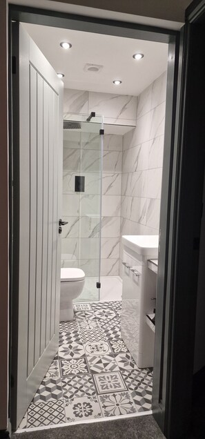 Chuveiro, secador de cabelo, toalhas de banho, sabonete