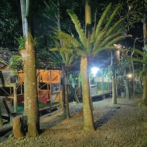 Una escena nocturna con un sendero bordeado de árboles y una pequeña construcción con techo de paja.