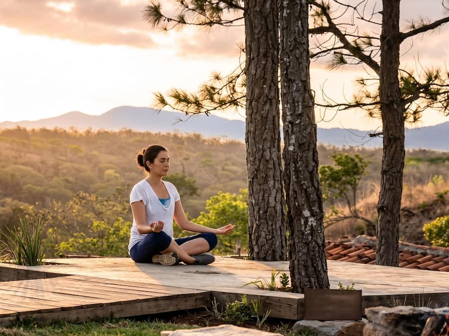 A person meditating on a wooden deck with a view of mountains and trees.