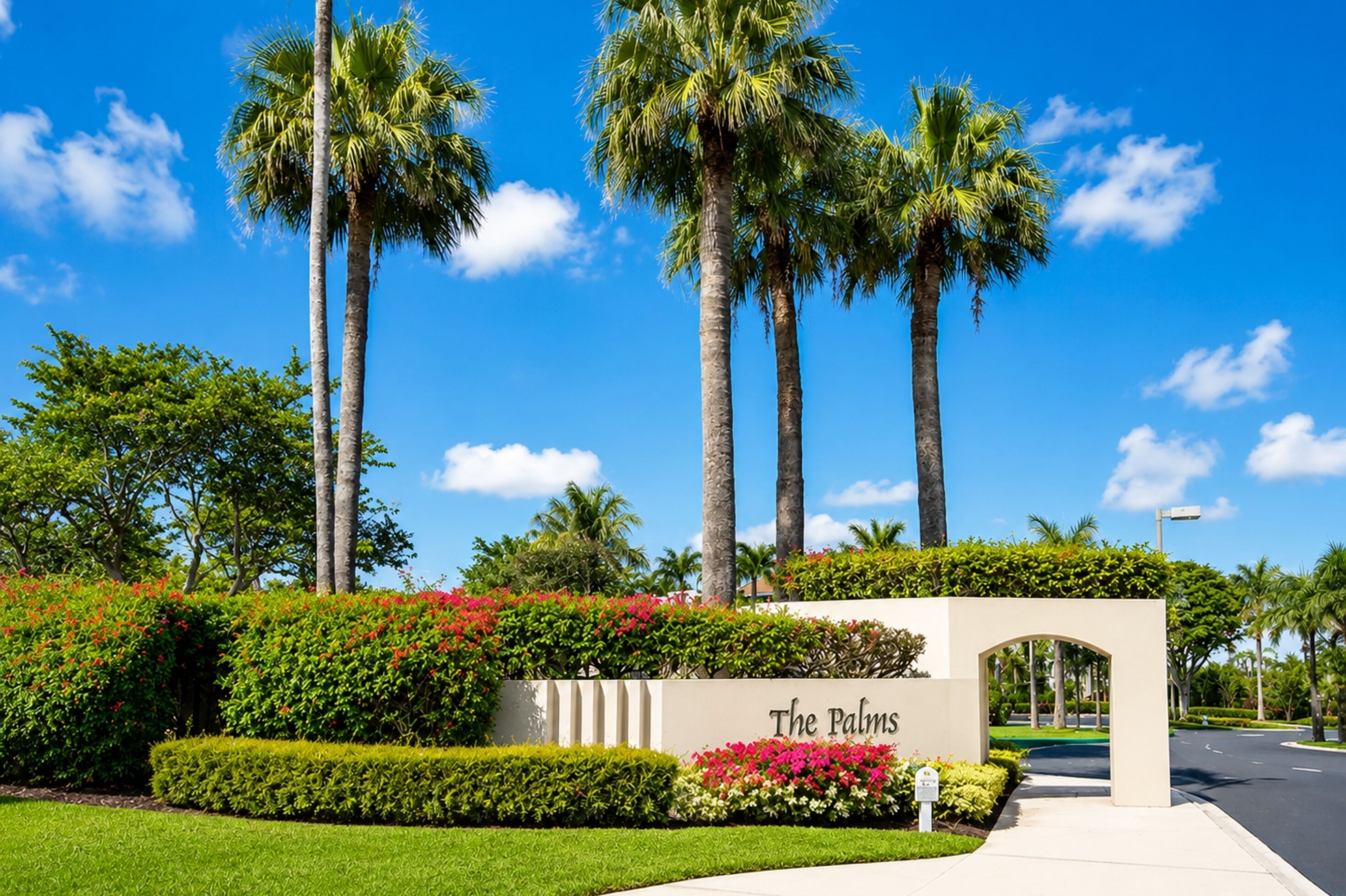 A landscaped entrance with palm trees, a sign reading 'The Palms,' and a well-maintained hedge.