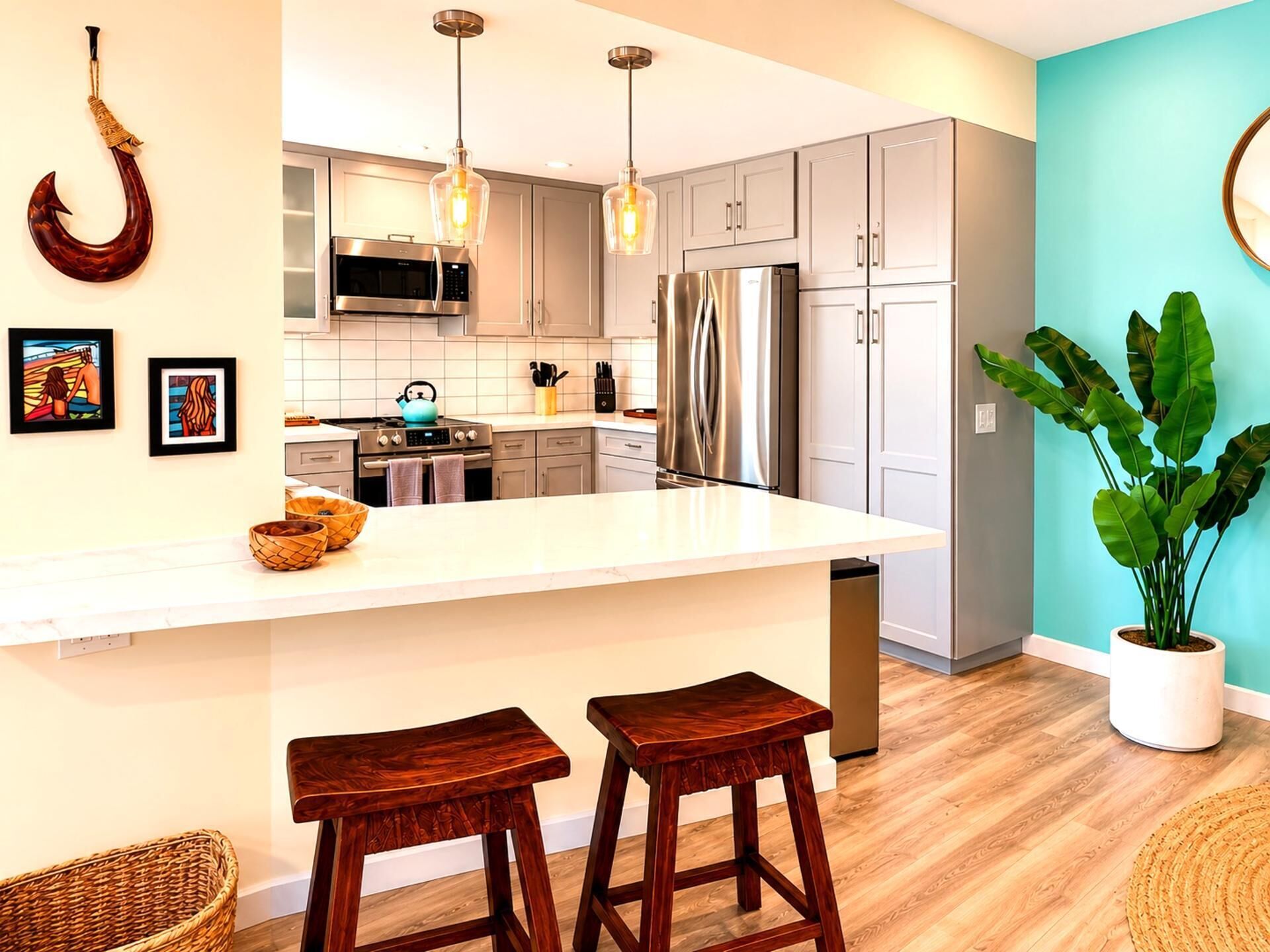 A modern kitchen with a large island, stainless steel appliances, and a hanging light fixture.